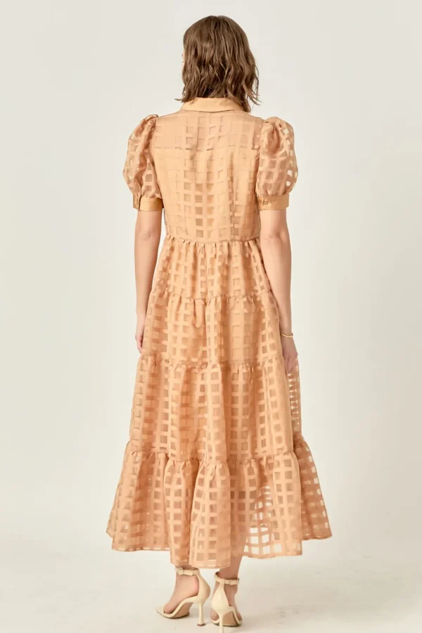 ENGLISH FACTORY Tops*- Gridded Organza Tiered Puff Sleeve Maxi Dress