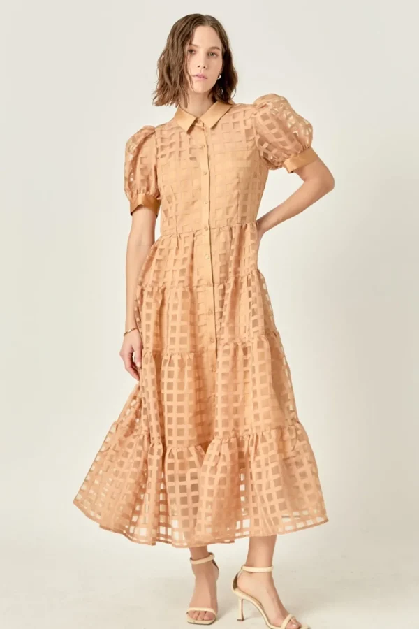 ENGLISH FACTORY Tops*- Gridded Organza Tiered Puff Sleeve Maxi Dress