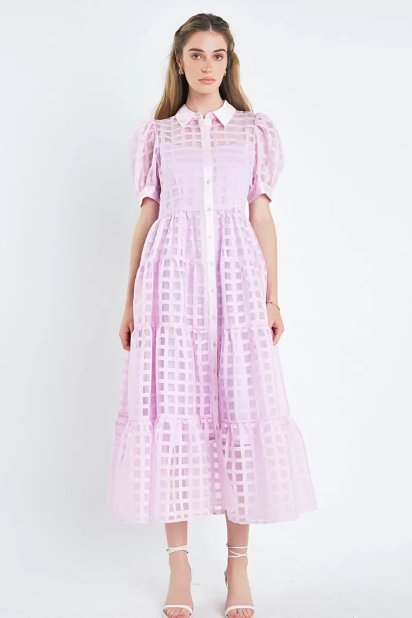 ENGLISH FACTORY Tops*- Gridded Organza Tiered Puff Sleeve Maxi Dress