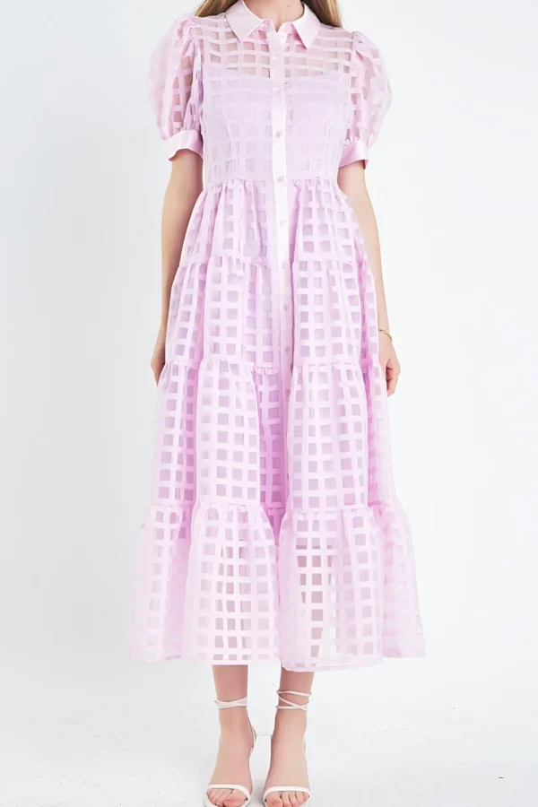 ENGLISH FACTORY Tops*- Gridded Organza Tiered Puff Sleeve Maxi Dress