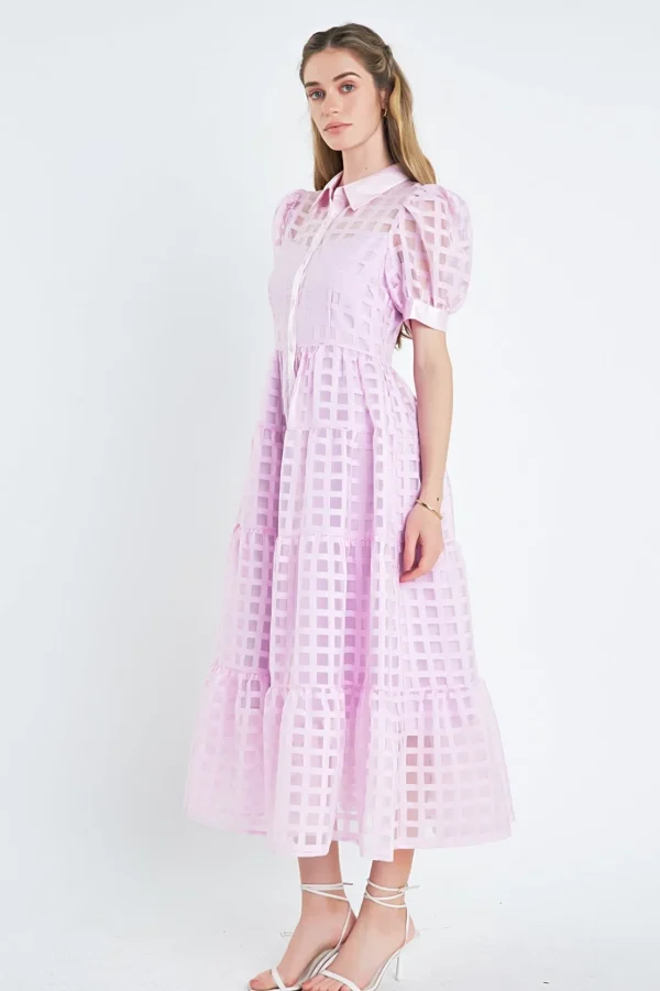ENGLISH FACTORY Tops*- Gridded Organza Tiered Puff Sleeve Maxi Dress