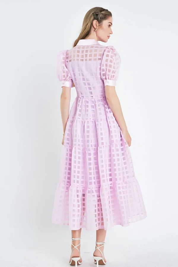 ENGLISH FACTORY Tops*- Gridded Organza Tiered Puff Sleeve Maxi Dress