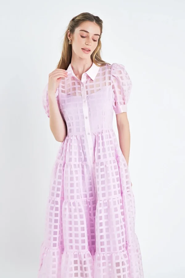 ENGLISH FACTORY Tops*- Gridded Organza Tiered Puff Sleeve Maxi Dress