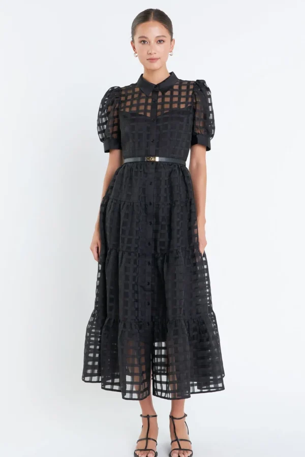 ENGLISH FACTORY Tops*- Gridded Organza Tiered Puff Sleeve Maxi Dress