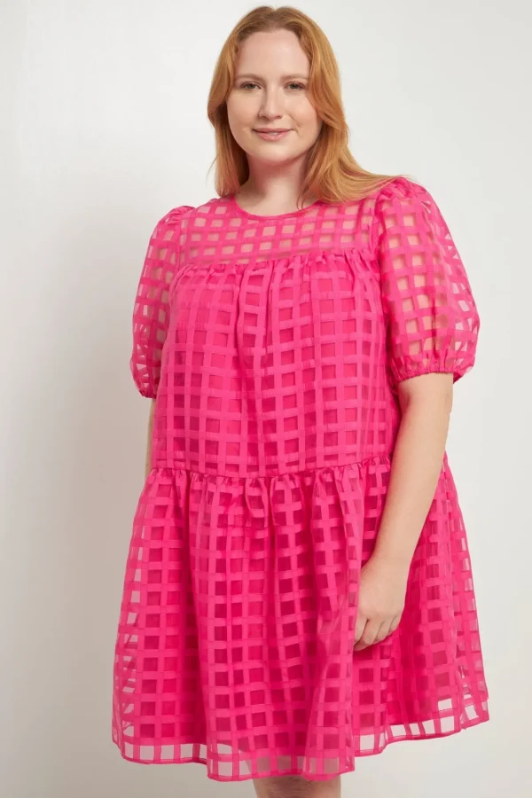 ENGLISH FACTORY Tops*- Gridded Puff Sleeve Dress FUCHSIA