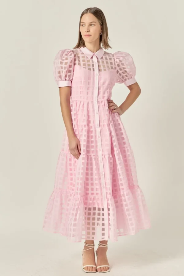 ENGLISH FACTORY Tops*- Gridded Organza Tiered Puff Sleeve Maxi Dress