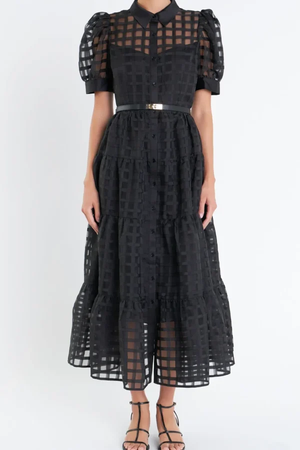 ENGLISH FACTORY Tops*- Gridded Organza Tiered Puff Sleeve Maxi Dress