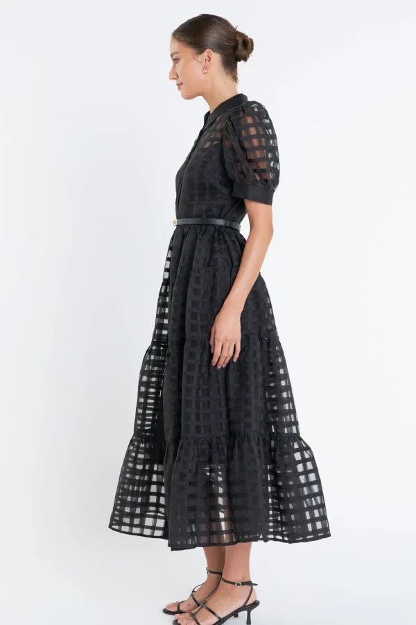ENGLISH FACTORY Tops*- Gridded Organza Tiered Puff Sleeve Maxi Dress