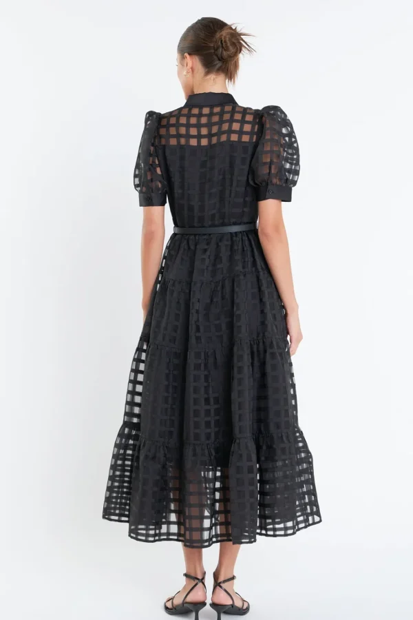 ENGLISH FACTORY Tops*- Gridded Organza Tiered Puff Sleeve Maxi Dress