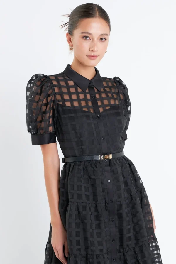 ENGLISH FACTORY Tops*- Gridded Organza Tiered Puff Sleeve Maxi Dress