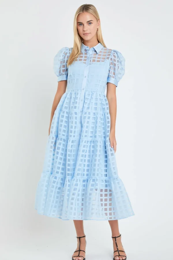 ENGLISH FACTORY Tops*- Gridded Organza Tiered Puff Sleeve Maxi Dress