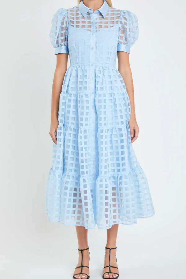 ENGLISH FACTORY Tops*- Gridded Organza Tiered Puff Sleeve Maxi Dress