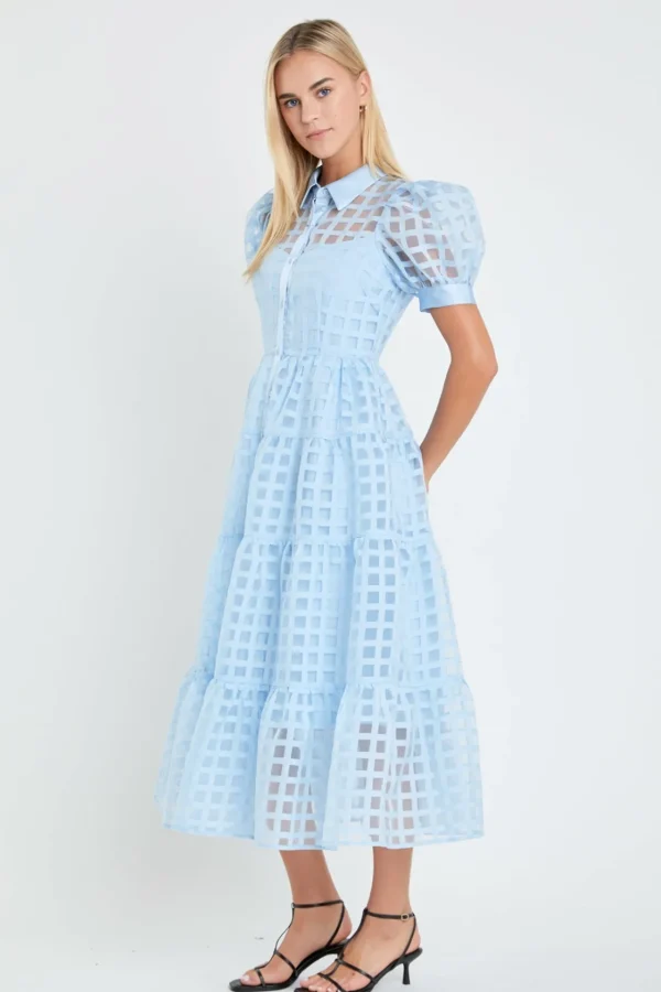 ENGLISH FACTORY Tops*- Gridded Organza Tiered Puff Sleeve Maxi Dress