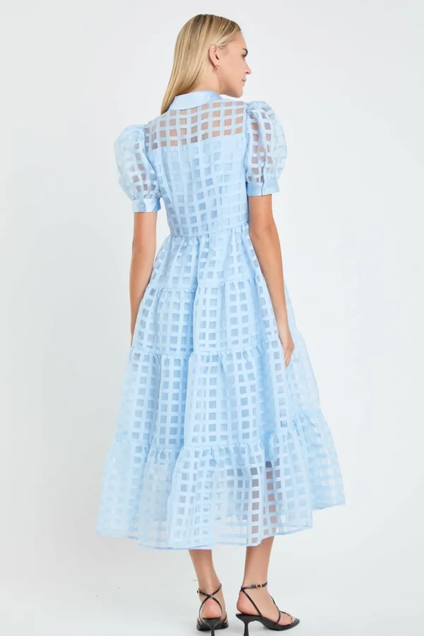 ENGLISH FACTORY Tops*- Gridded Organza Tiered Puff Sleeve Maxi Dress