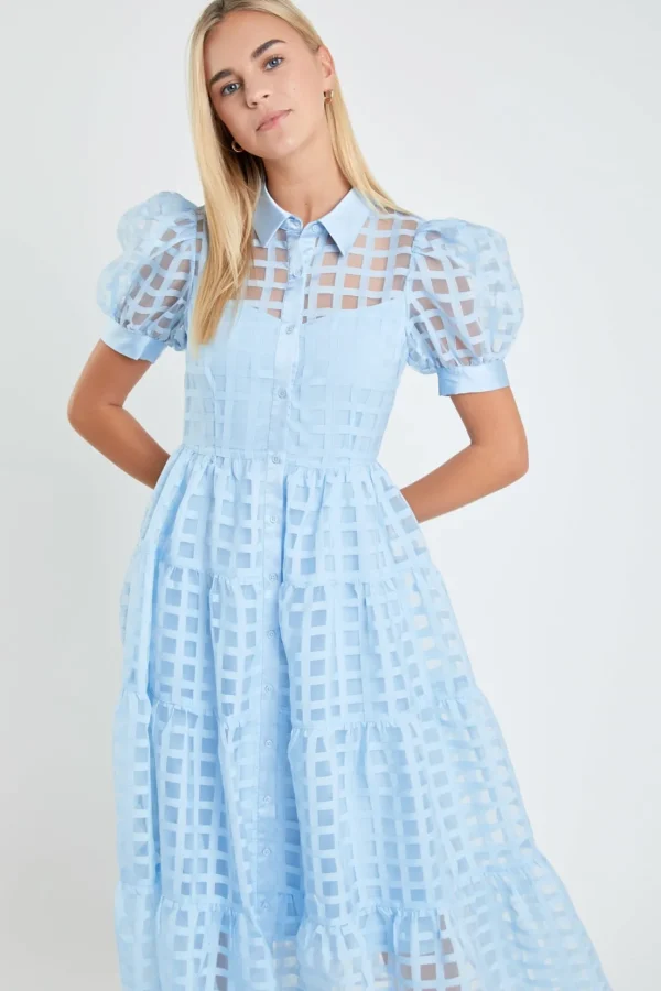 ENGLISH FACTORY Tops*- Gridded Organza Tiered Puff Sleeve Maxi Dress