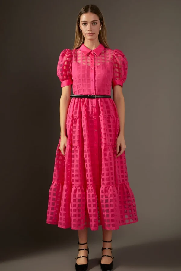 ENGLISH FACTORY Tops*- Gridded Organza Tiered Puff Sleeve Maxi Dress