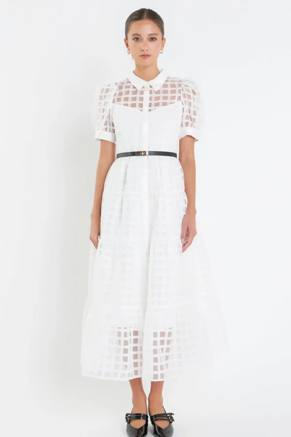 ENGLISH FACTORY Tops*- Gridded Organza Tiered Puff Sleeve Maxi Dress