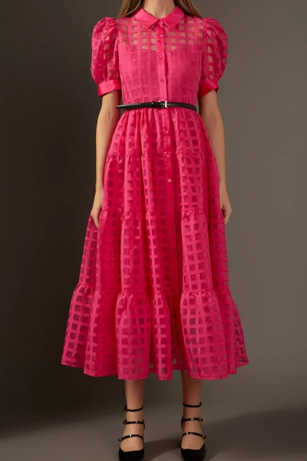 ENGLISH FACTORY Tops*- Gridded Organza Tiered Puff Sleeve Maxi Dress