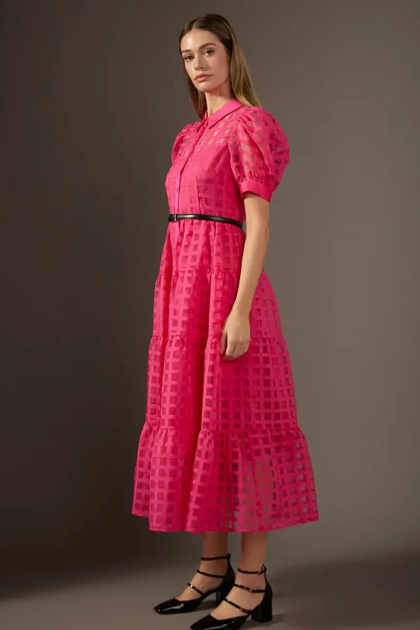 ENGLISH FACTORY Tops*- Gridded Organza Tiered Puff Sleeve Maxi Dress