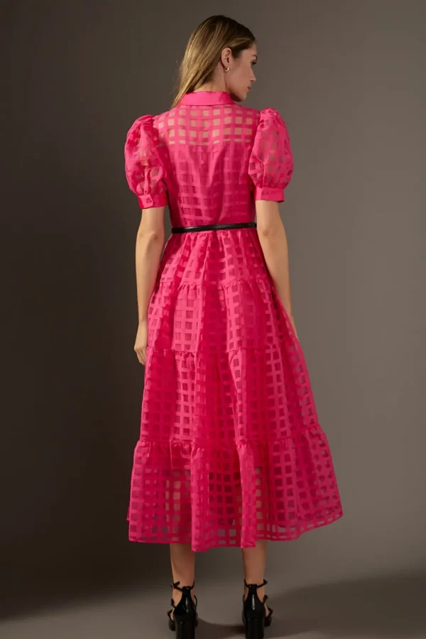 ENGLISH FACTORY Tops*- Gridded Organza Tiered Puff Sleeve Maxi Dress