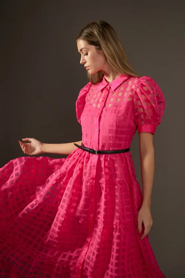 ENGLISH FACTORY Tops*- Gridded Organza Tiered Puff Sleeve Maxi Dress