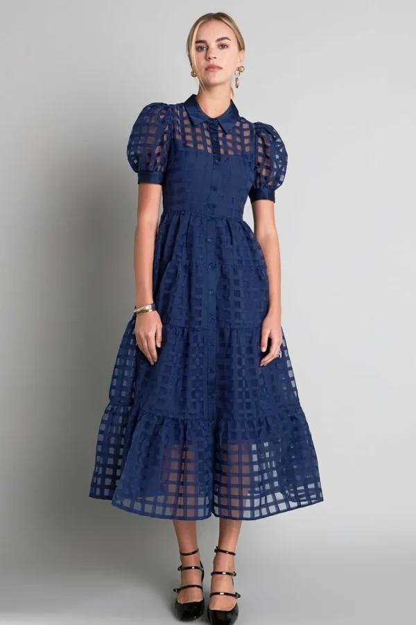 ENGLISH FACTORY Tops*- Gridded Organza Tiered Puff Sleeve Maxi Dress