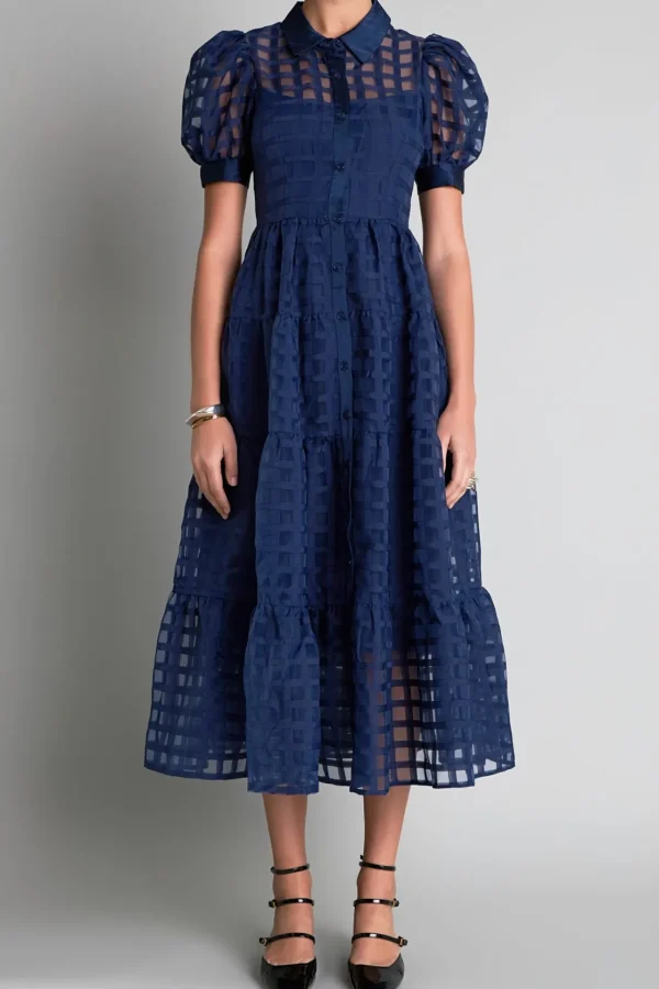 ENGLISH FACTORY Tops*- Gridded Organza Tiered Puff Sleeve Maxi Dress