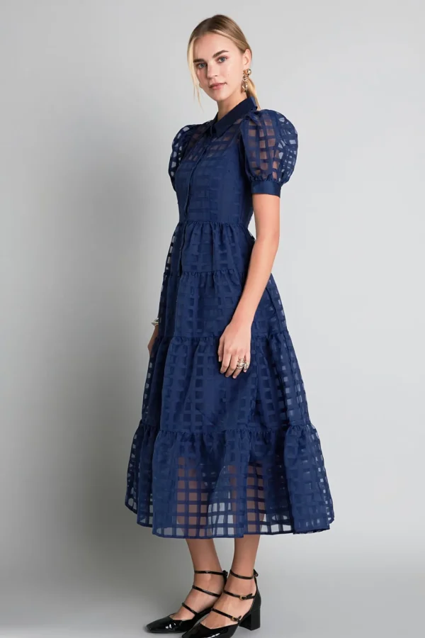 ENGLISH FACTORY Tops*- Gridded Organza Tiered Puff Sleeve Maxi Dress