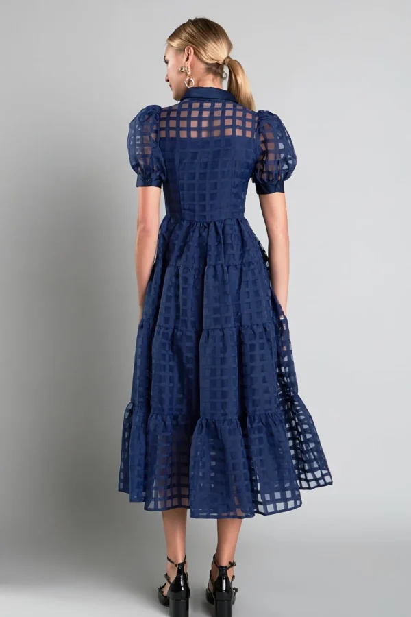 ENGLISH FACTORY Tops*- Gridded Organza Tiered Puff Sleeve Maxi Dress