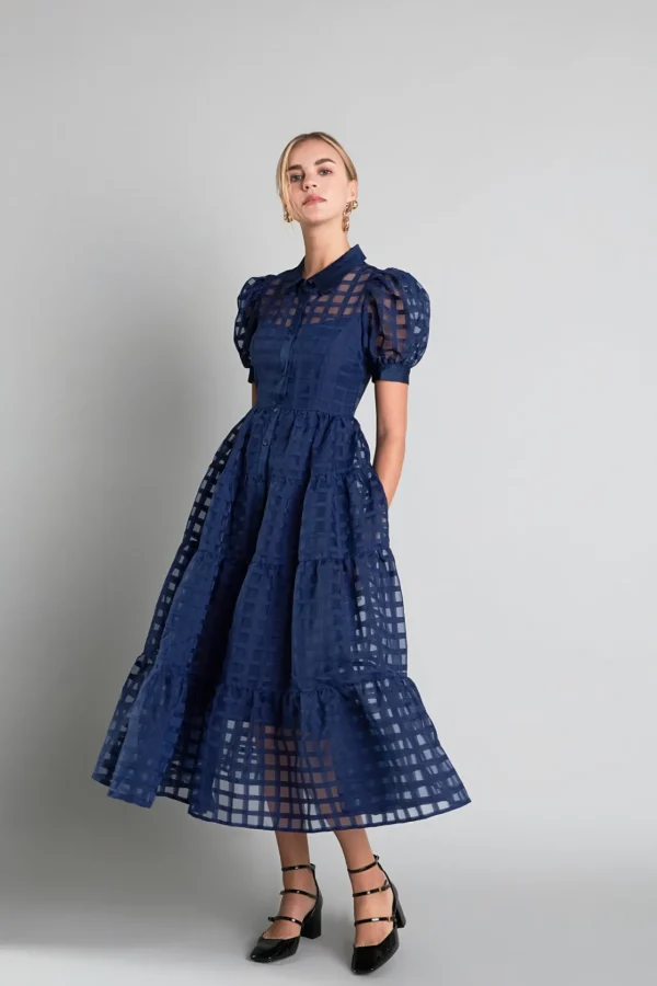 ENGLISH FACTORY Tops*- Gridded Organza Tiered Puff Sleeve Maxi Dress