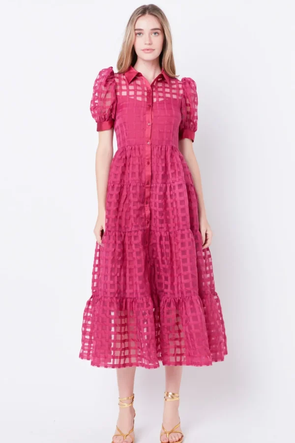ENGLISH FACTORY Tops*- Gridded Organza Tiered Puff Sleeve Maxi Dress