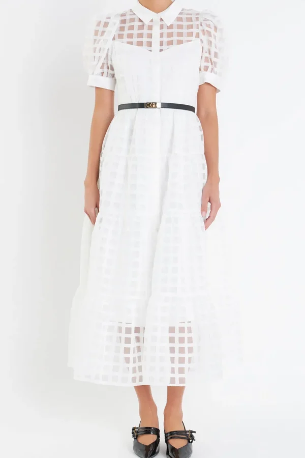 ENGLISH FACTORY Tops*- Gridded Organza Tiered Puff Sleeve Maxi Dress