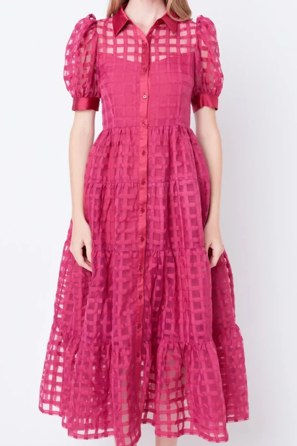 ENGLISH FACTORY Tops*- Gridded Organza Tiered Puff Sleeve Maxi Dress