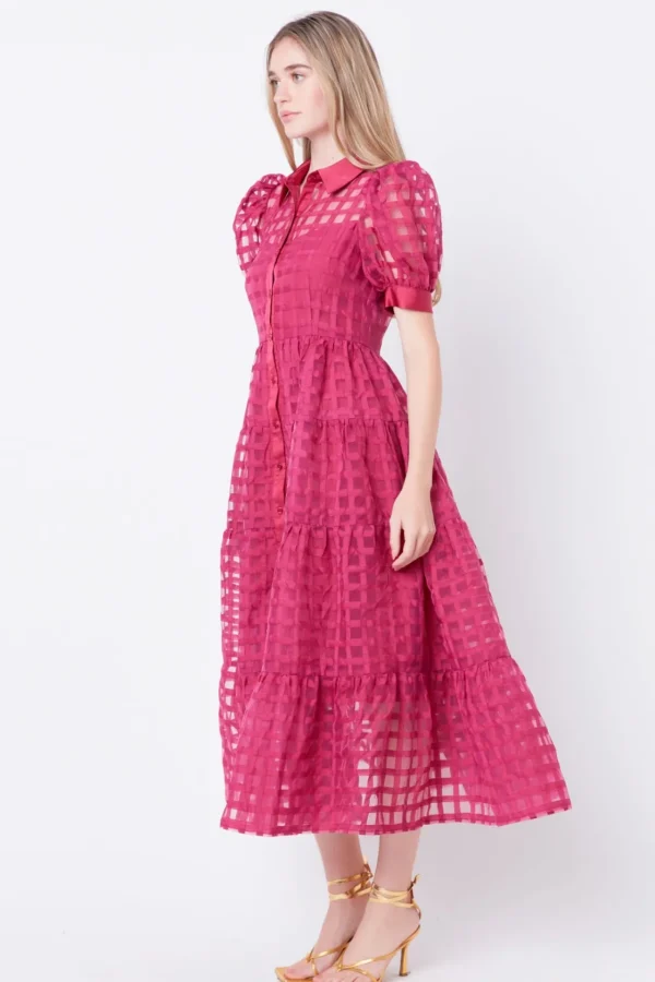 ENGLISH FACTORY Tops*- Gridded Organza Tiered Puff Sleeve Maxi Dress