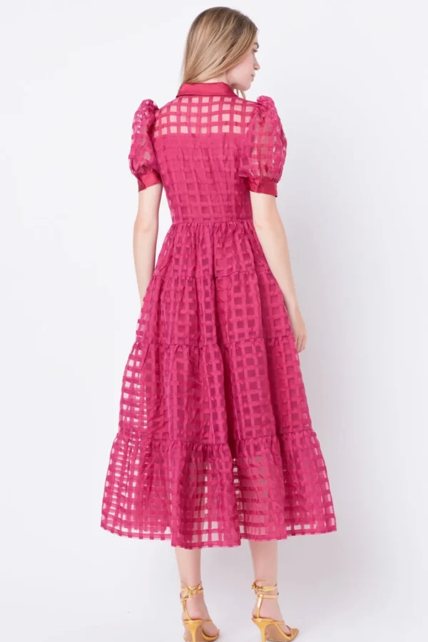 ENGLISH FACTORY Tops*- Gridded Organza Tiered Puff Sleeve Maxi Dress