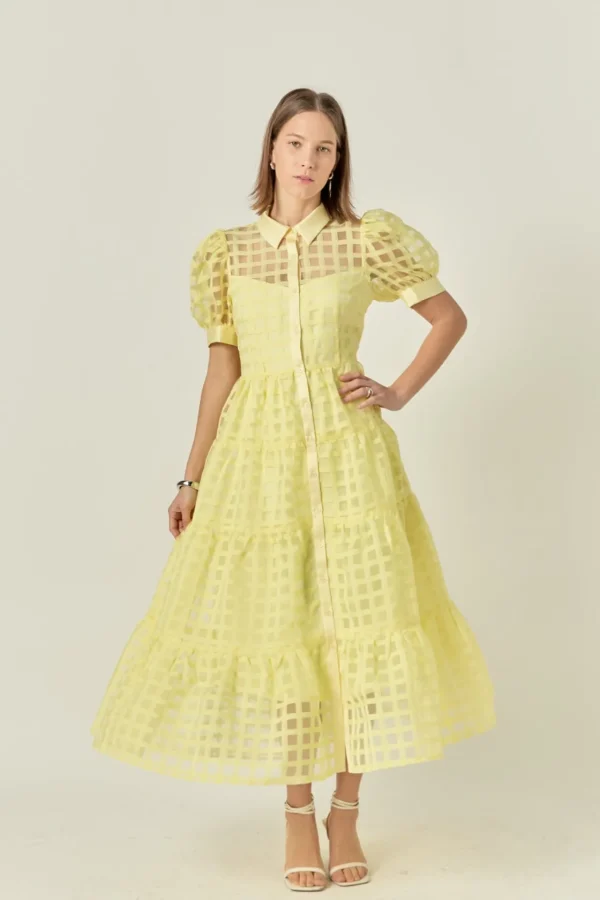 ENGLISH FACTORY Tops*- Gridded Organza Tiered Puff Sleeve Maxi Dress
