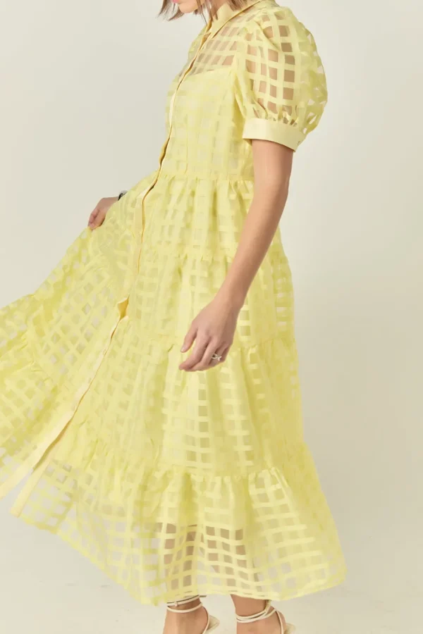 ENGLISH FACTORY Tops*- Gridded Organza Tiered Puff Sleeve Maxi Dress