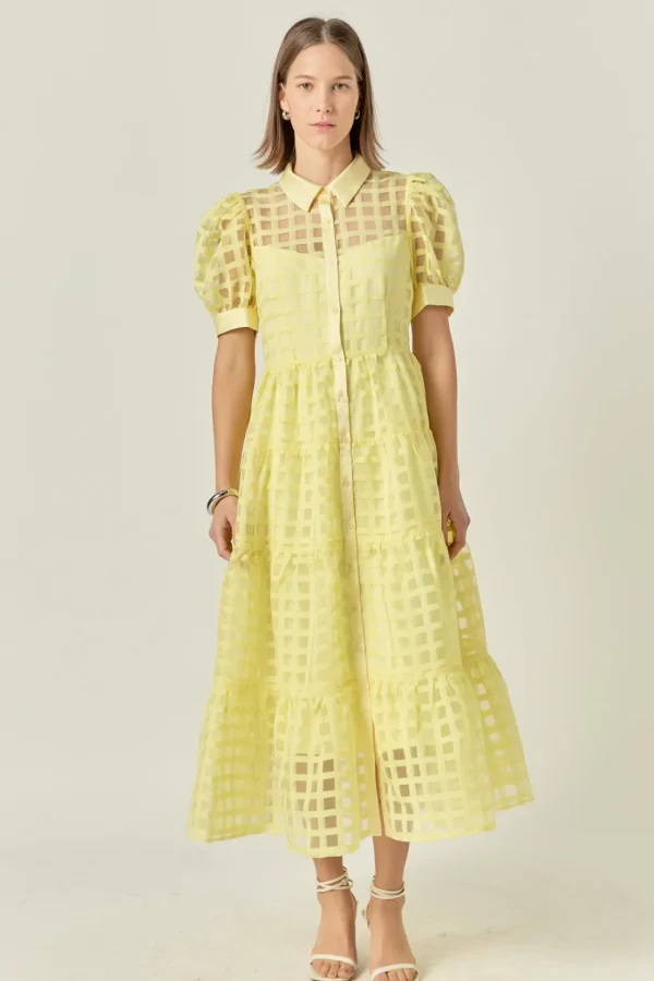 ENGLISH FACTORY Tops*- Gridded Organza Tiered Puff Sleeve Maxi Dress