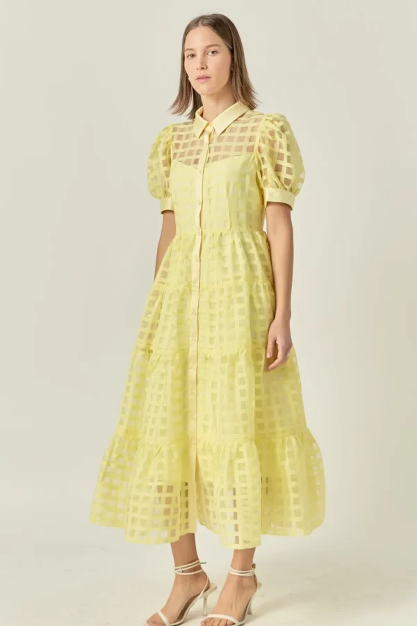 ENGLISH FACTORY Tops*- Gridded Organza Tiered Puff Sleeve Maxi Dress