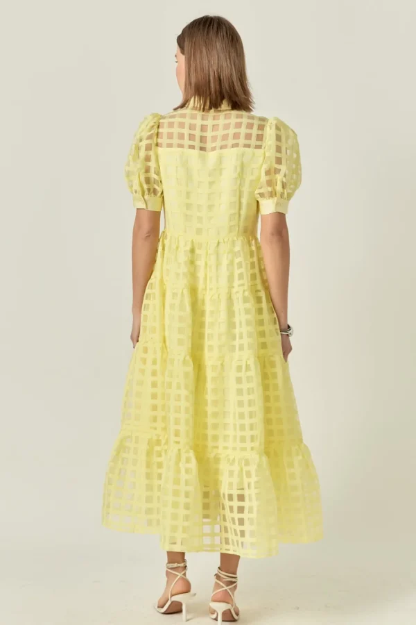 ENGLISH FACTORY Tops*- Gridded Organza Tiered Puff Sleeve Maxi Dress