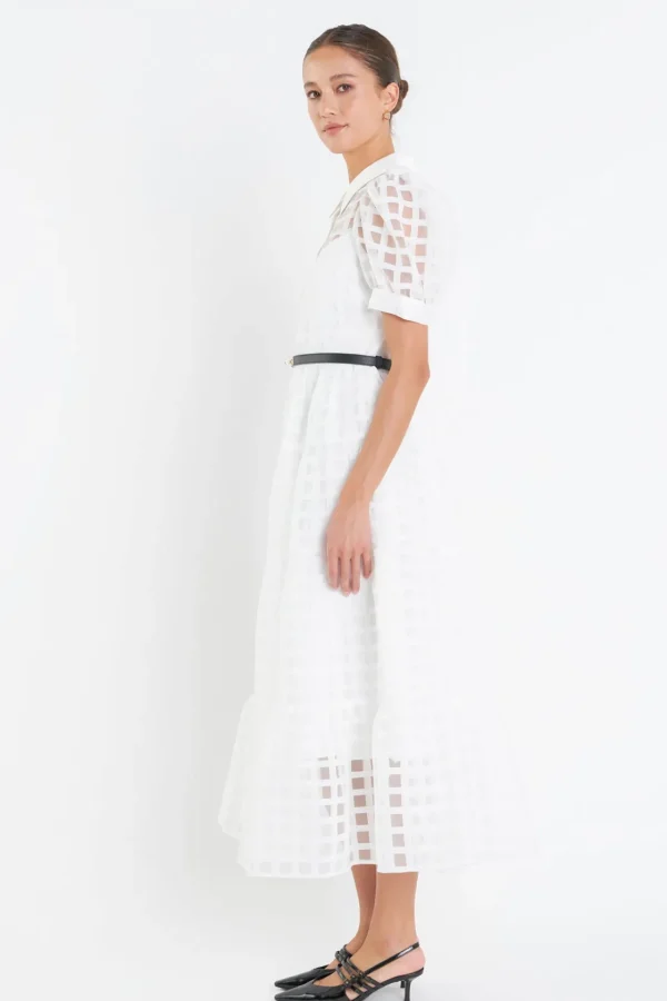 ENGLISH FACTORY Tops*- Gridded Organza Tiered Puff Sleeve Maxi Dress