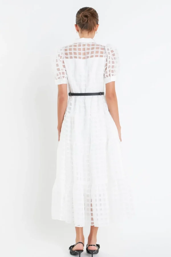 ENGLISH FACTORY Tops*- Gridded Organza Tiered Puff Sleeve Maxi Dress