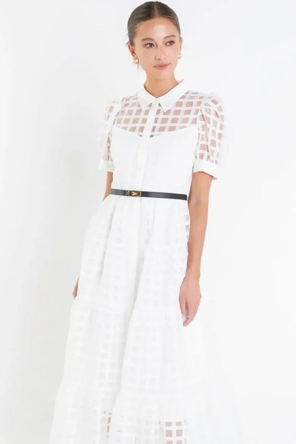 ENGLISH FACTORY Tops*- Gridded Organza Tiered Puff Sleeve Maxi Dress