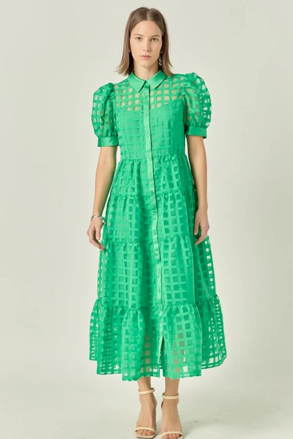 ENGLISH FACTORY Tops*- Gridded Organza Tiered Puff Sleeve Maxi Dress
