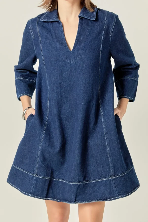 ENGLISH FACTORY Tops*- Harriet Denim Mini Dress DARKNAVY