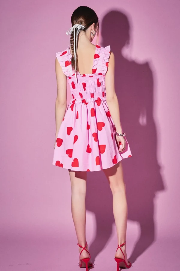 ENGLISH FACTORY Tops*- Heart Shape Smocked Mini Dress PINK/RED