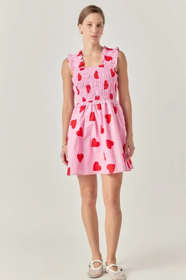 ENGLISH FACTORY Tops*- Heart Shape Smocked Mini Dress PINK/RED
