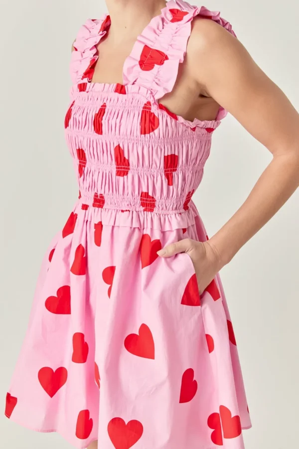 ENGLISH FACTORY Tops*- Heart Shape Smocked Mini Dress PINK/RED