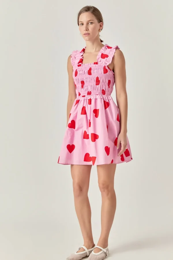 ENGLISH FACTORY Tops*- Heart Shape Smocked Mini Dress PINK/RED