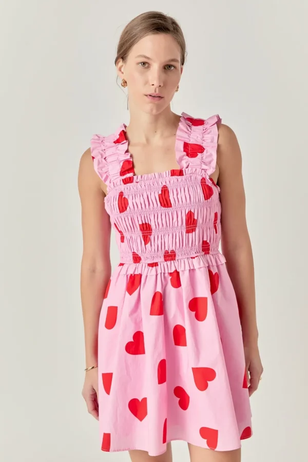 ENGLISH FACTORY Tops*- Heart Shape Smocked Mini Dress PINK/RED